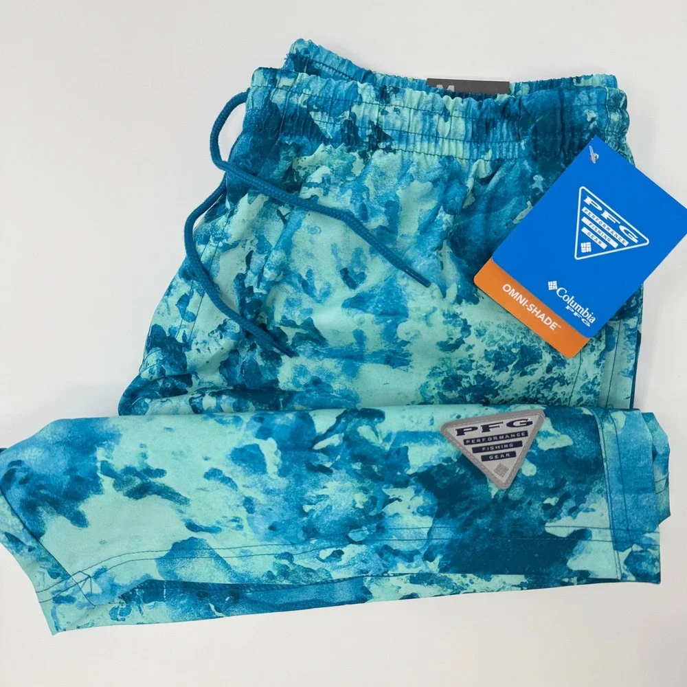 Columbia PFG Rambler Printed Water Shorts Mens Medium Blue Teal Tie Dye Omni NEW